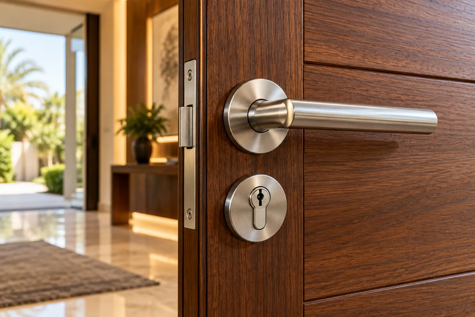 Close-up of a neatly fitted steel handle and cylinder on a wooden entrance door