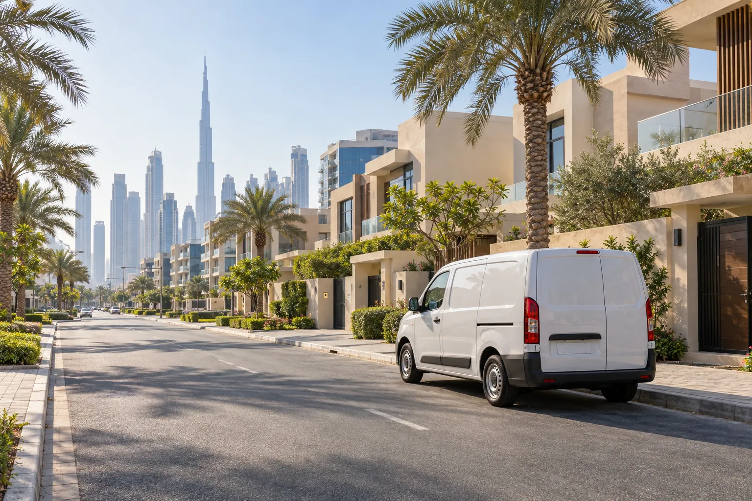 Illustrative Dubai neighbourhood with an unbranded service van