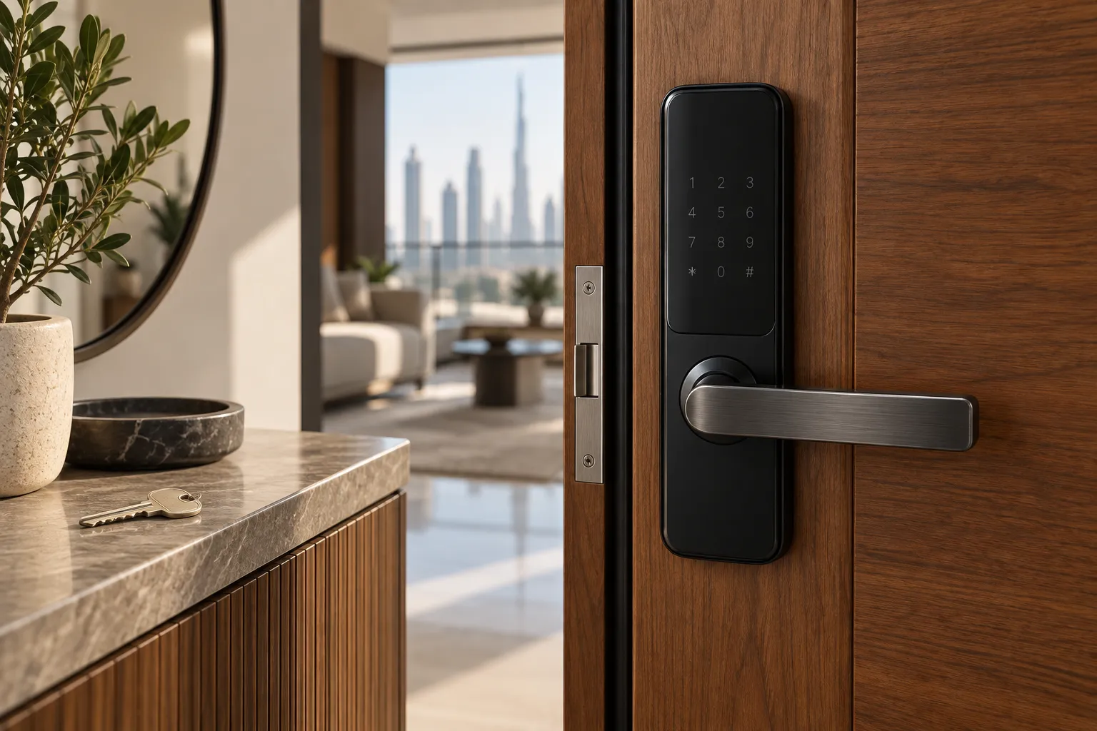 Smart door lock and a spare key in a modern apartment entrance