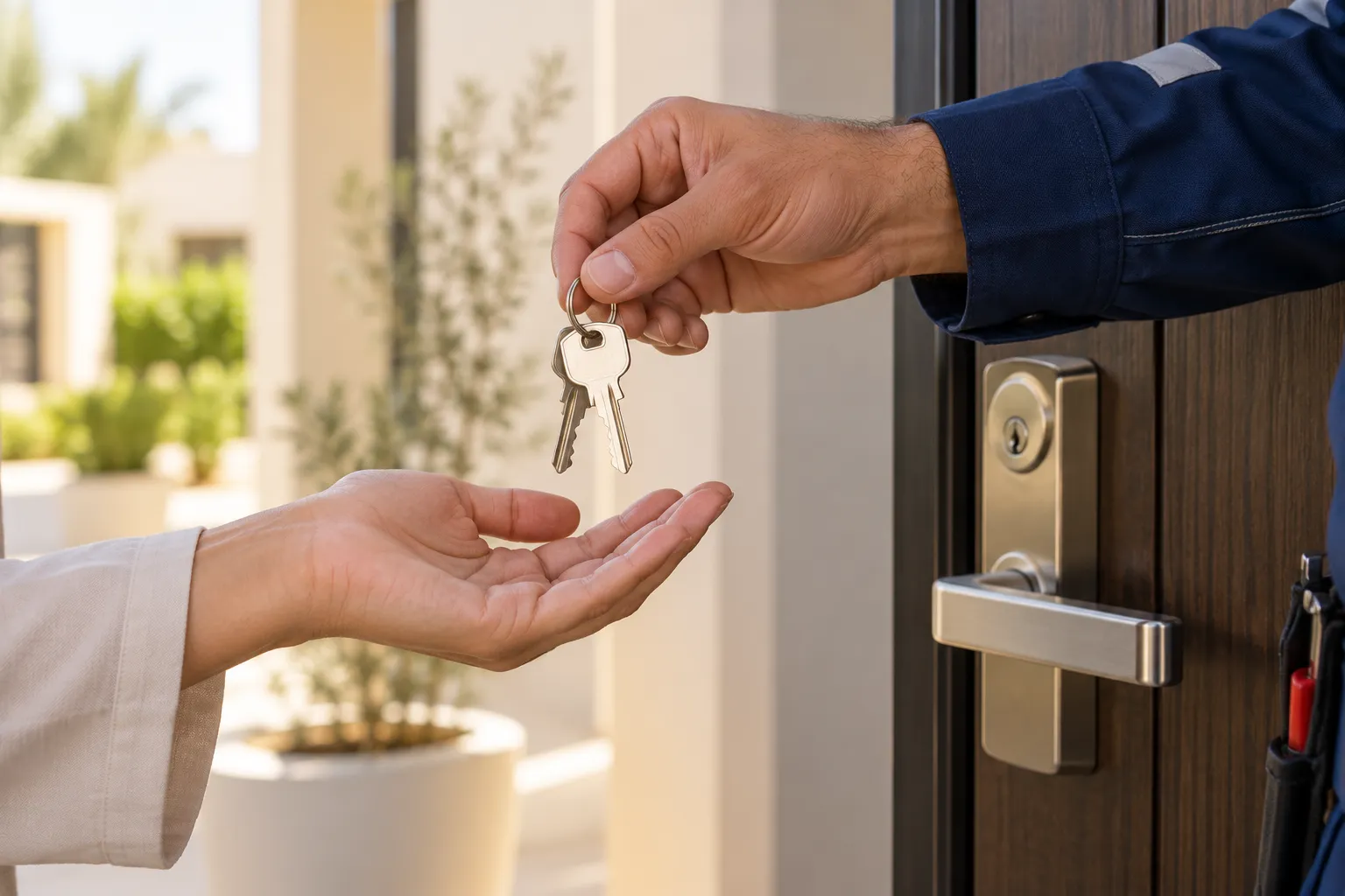 House keys handed to a homeowner beside the entrance door